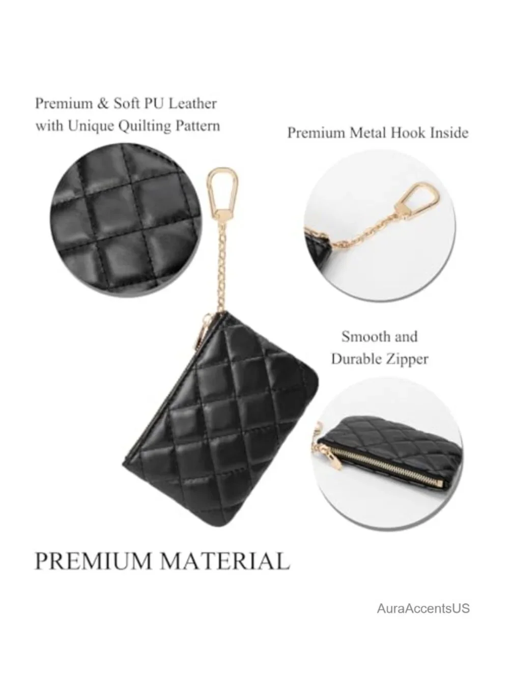 Quilted PU Leather Coin Purse with Keychain - Small Change Pouch & Card Holder